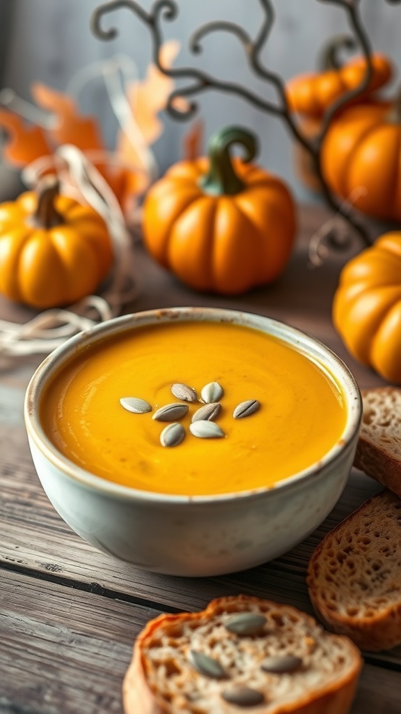 A cozy bowl of pumpkin soup garnished with pumpkin seeds on a rustic table with Halloween decorations.